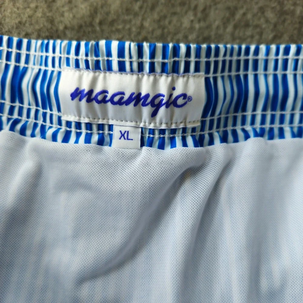 Maamgic Striped Swim Trunks Blue White Mesh Lined Board Shorts XL‎ Preppy Summer
